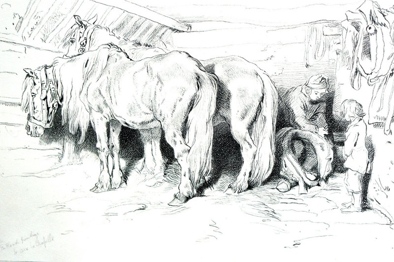 The Stable 1870 HORSES in BARN W BOYS Matted Landseer Engraving Print w STORY