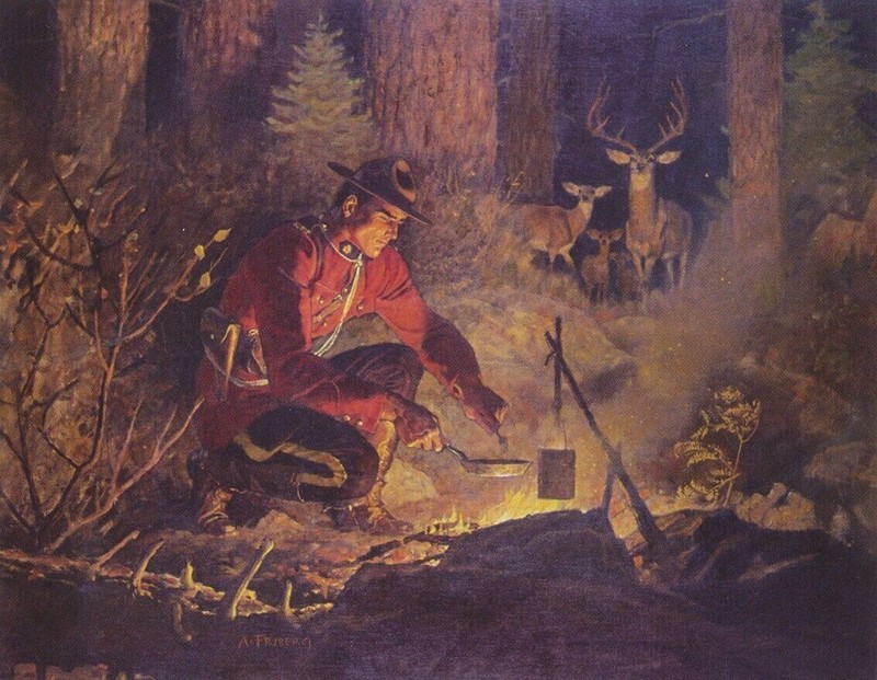 Canadian Mountie Cooking at camp Fire Deer watching by Arnold Friberg 8X10 PRINT