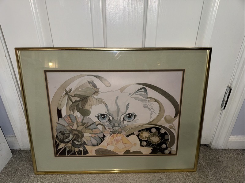 In The Garden By Julie Shearer Watercolor Print Cat & Flowers #739 Artwork