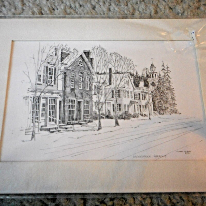 CLARK A. GOFF PRINT Street In Woodstock Vermont 1972 MATTED 5 1/2 x 3 1/2