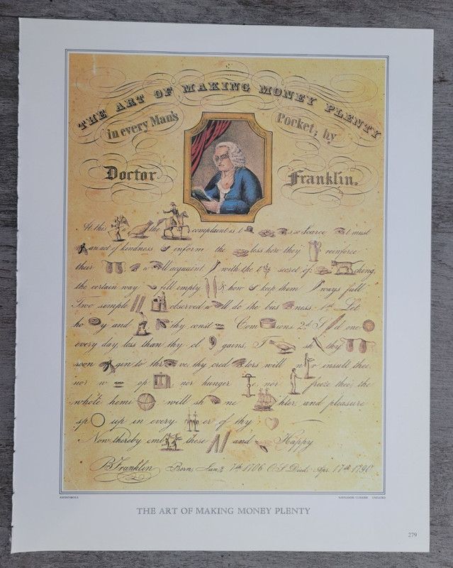 THE ART OF MAKING MONEY BY DOCTOR BENJAMIN FRANKLIN Currier & Ives 15X12″ Print