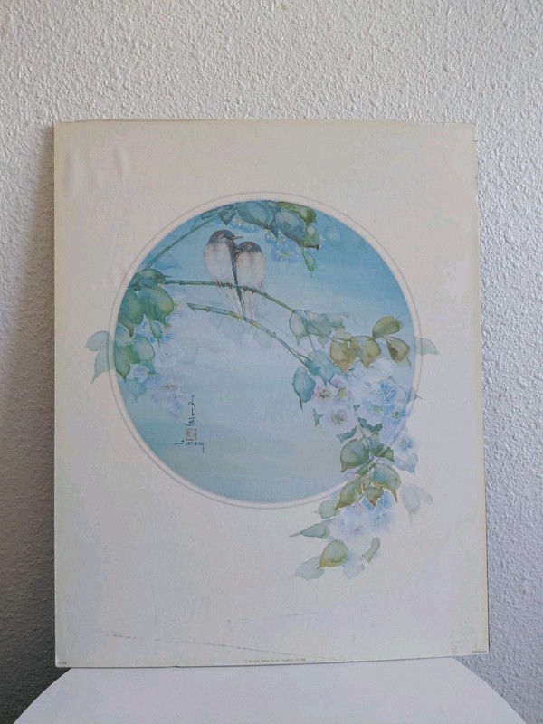 1982 Signed JOHN CHENG «Blue Finches» Art Print Stanford Unframed Litho in USA