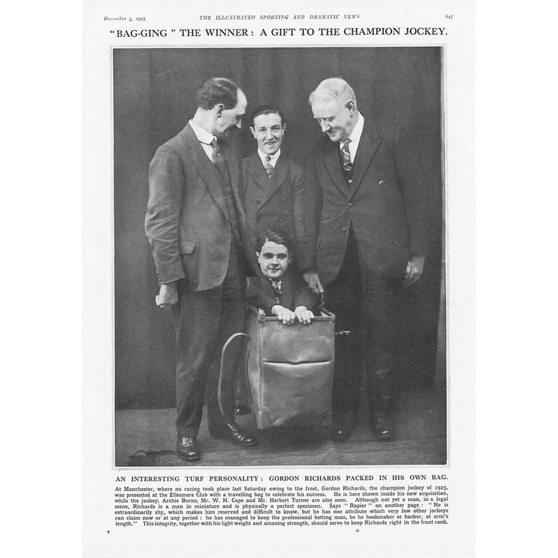 GORDON RICHARDS Champion Race Jockey Packed in his Own Bag – Antique Print 1925