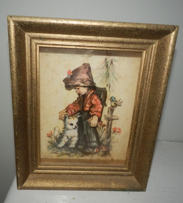 VINTAGE HUMMEL Shadowbox PICTURE BOY & DOG Bird 6″ X 5″ Gold Wood 3D image