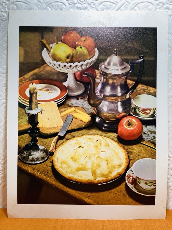 VTG Still Life Print 1960s Kitchen Table Double Crust Pie Cheese Apples Teapot