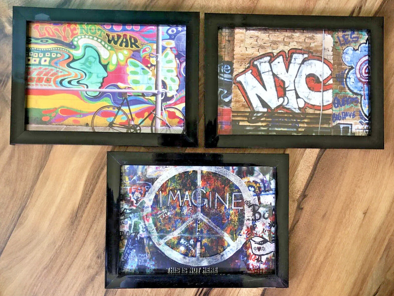 3 Framed 6×8” Pictures Colorful Wall Art Graffiti Murals NYC Peace Love Imagine