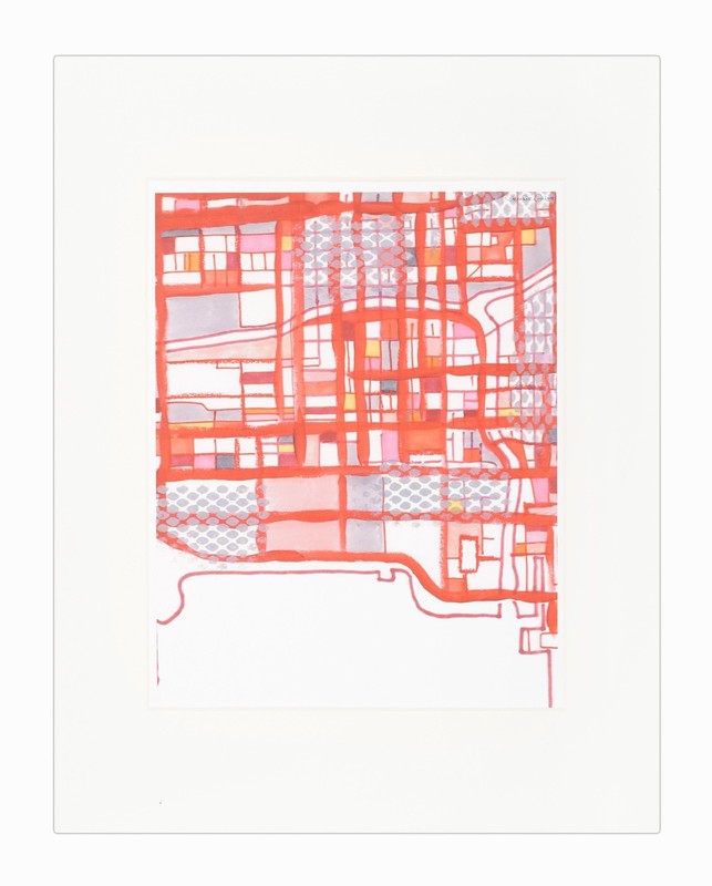 Jennifer Carland Lithograph on Paper City Map Red Pink Geometric Print Small
