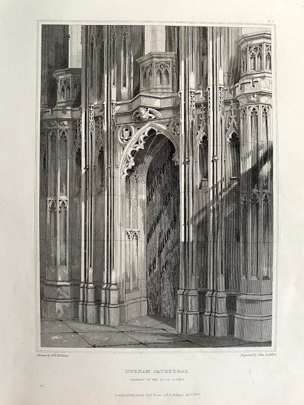 1842 Antique Print: Durham Cathedral. Doorway in the Altar Screen after Billings