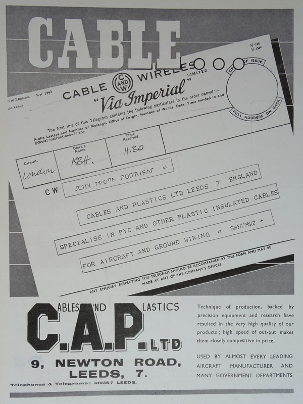c1944 WW2 BRITISH Advertisement C.A.P. LTD – CABLES AND PLASTICS LTD – LEEDS