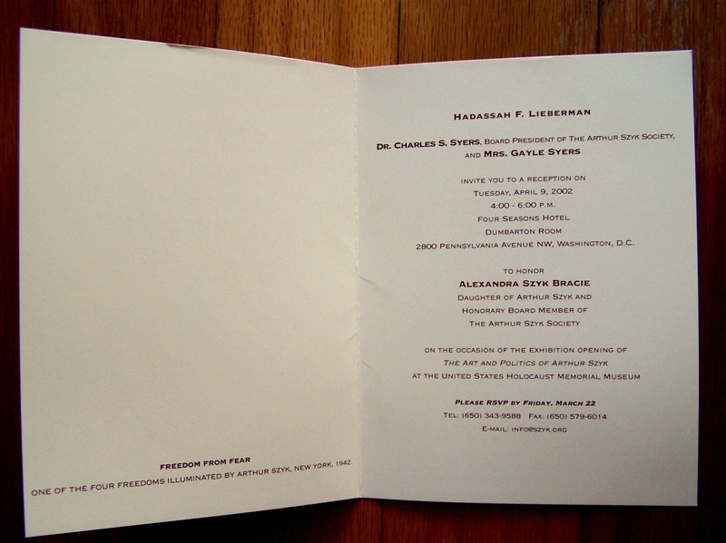 RARE - ARTHUR SZYK - 1981 INVITATION CARDS - FREEDOM FROM FEAR - SEE DEATILS gallery