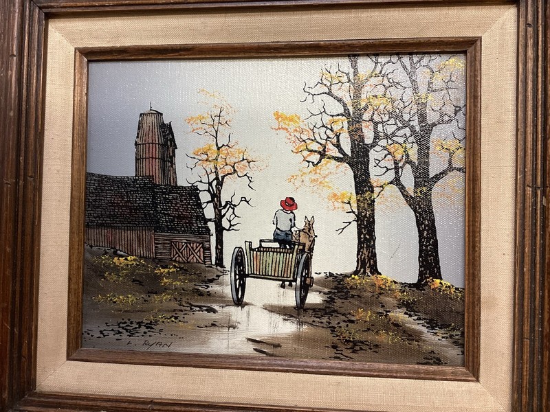 L Ryan Oil Canvas Looking Painting Print Man Wagon Horse Barn Trees Fall Framed gallery