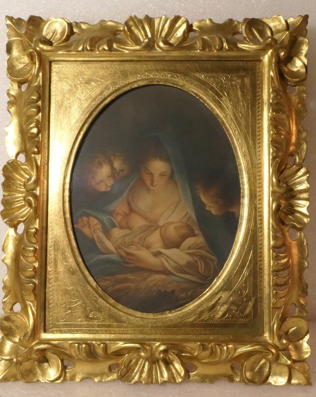 THE HOLY NIGHT PRINT BY CARLO MARRATA NATIVITY SCENE ANGELS MADONNA GOLD FRAME