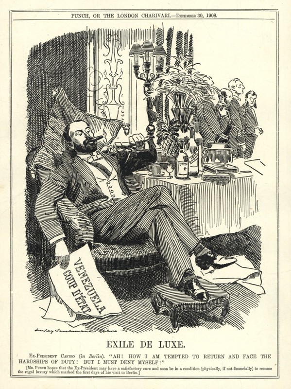 1908 VENEZUELA COUP - Cartoon Satire - EX-PRESIDENT JOSE CIPRIANO CASTRO RUIZ