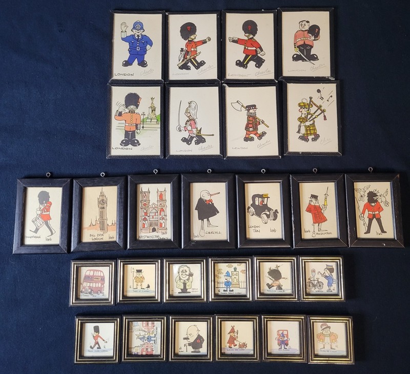 27 Vtg ’60s – 70s Black Framed UK THEME Art, Cartoon Satirical EUC