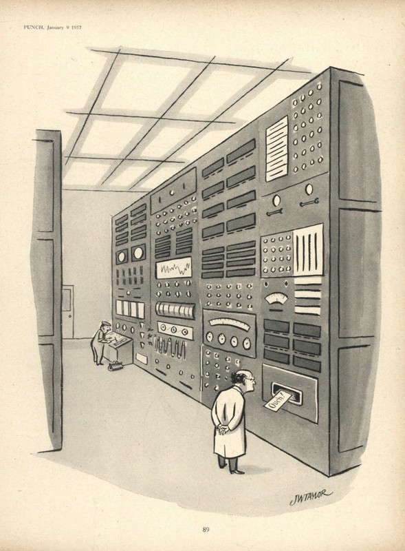 Rare 1957 British: EARLY COMPUTER CARTOON SATIRE – Mainframe: «OUCH» (output)