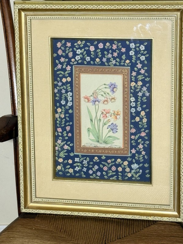 Vintage Indian Mughal Style Botanical Print Framed Floral Miniature Inspired Art