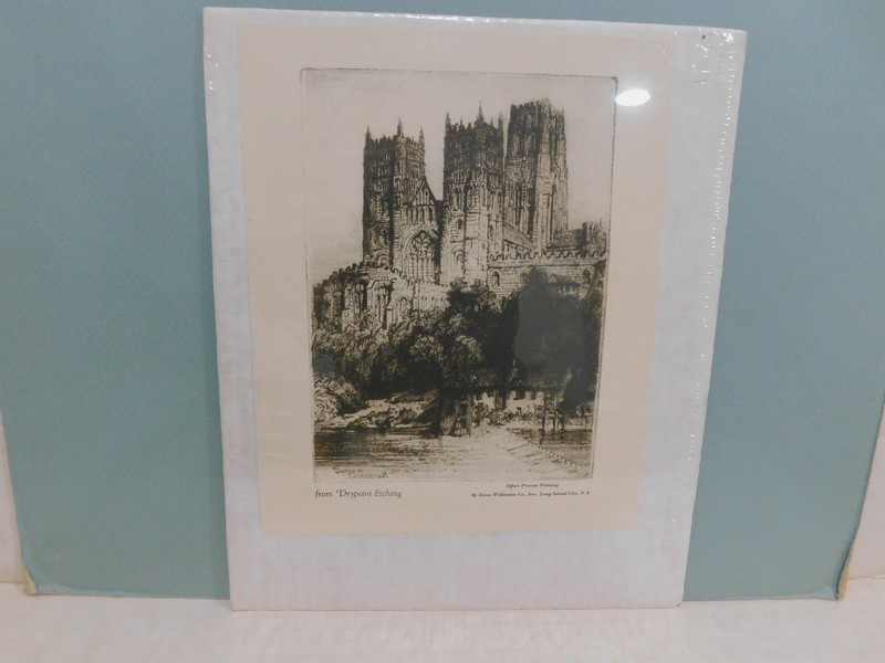 Vintage DURHAM CATHEDRAL offset print from Drypoint etching 7 7/8 x 9 3/4 gallery