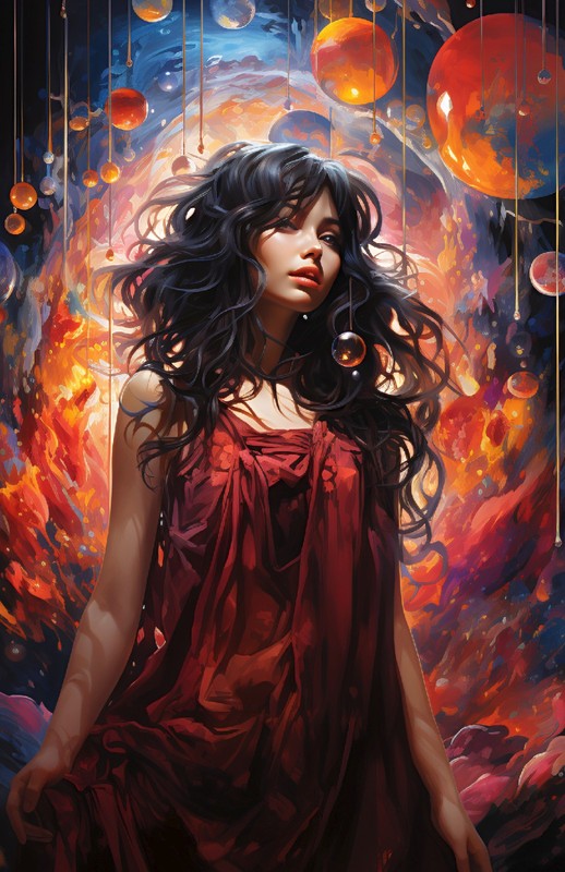 Woman in Red Fiery Orbs Cosmic Glow 4x6 Art Print Surreal Fantasy UR100350