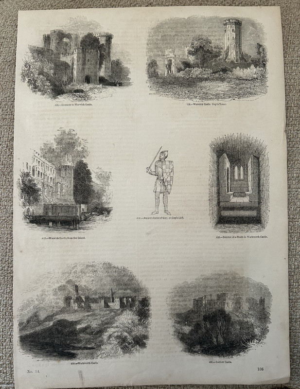 Antique Print Warwick Castle c1860s Guy’s Tower & Ludlow Victorian Engraving