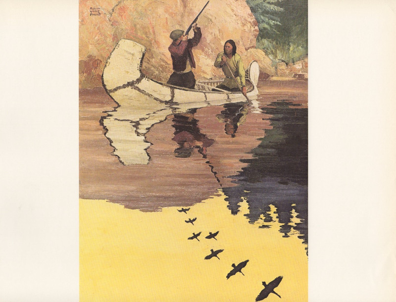 1972 Vintage HUNTING «THE GUIDE AND THE GOOSE SHOOTER, 1915» Color Lithograph