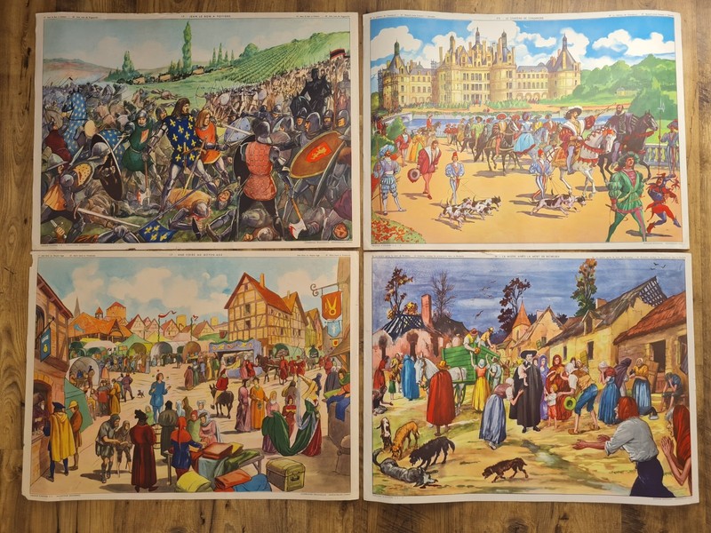 Vintage French Rossignol School Posters, 8 Historical Painting Prints 75 x 55cm