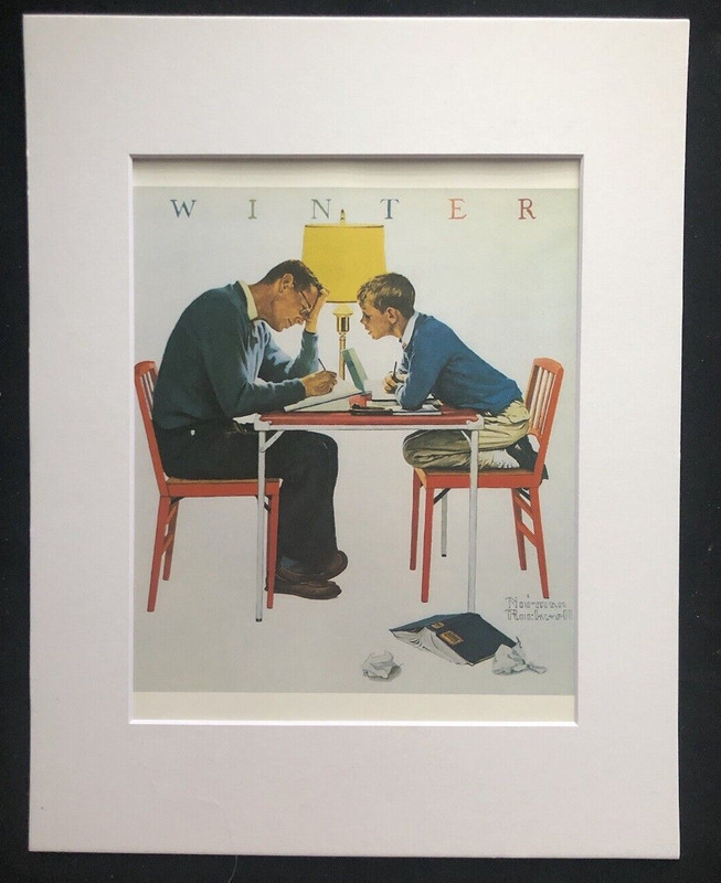 Norman Rockwell «Tough One» Boy and Father: Homework- Matted Art Print