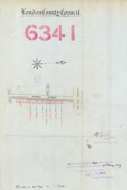 Hessel Street—Whitechapel E1—renumbering—James/Burslem St—Commercial Rd 1907 map