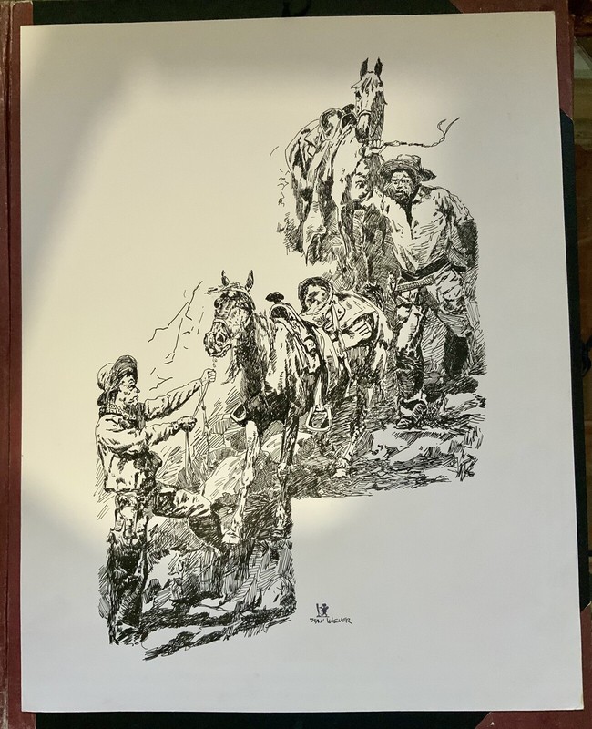 Original Ink On Paper Drawing Cowboys, rare and unusual shape