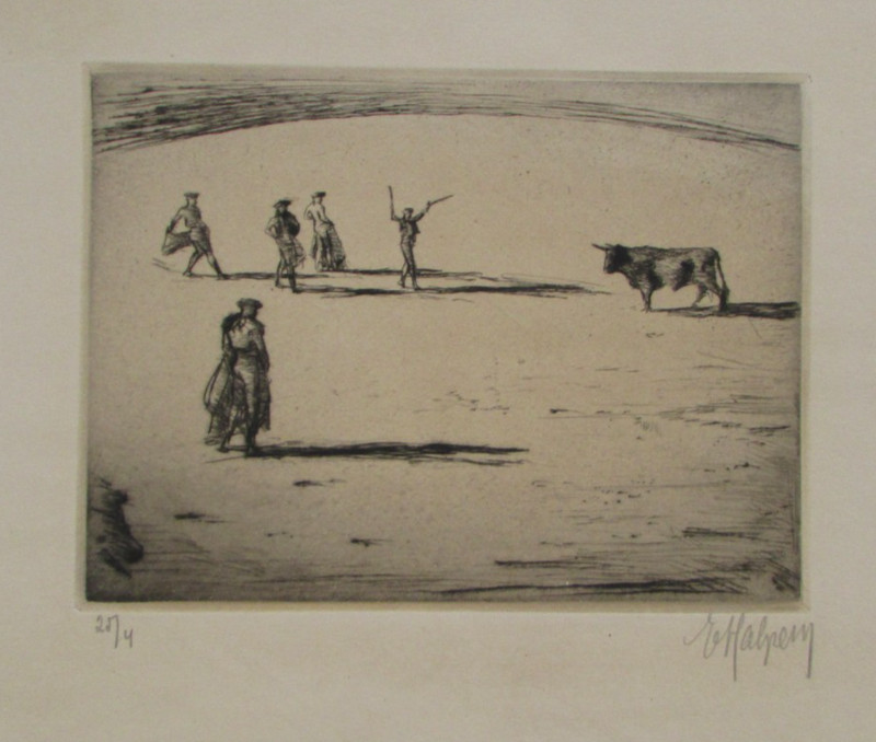 Vintage Mid Century Signed Frederick Halpern Bull & Matadors Etching