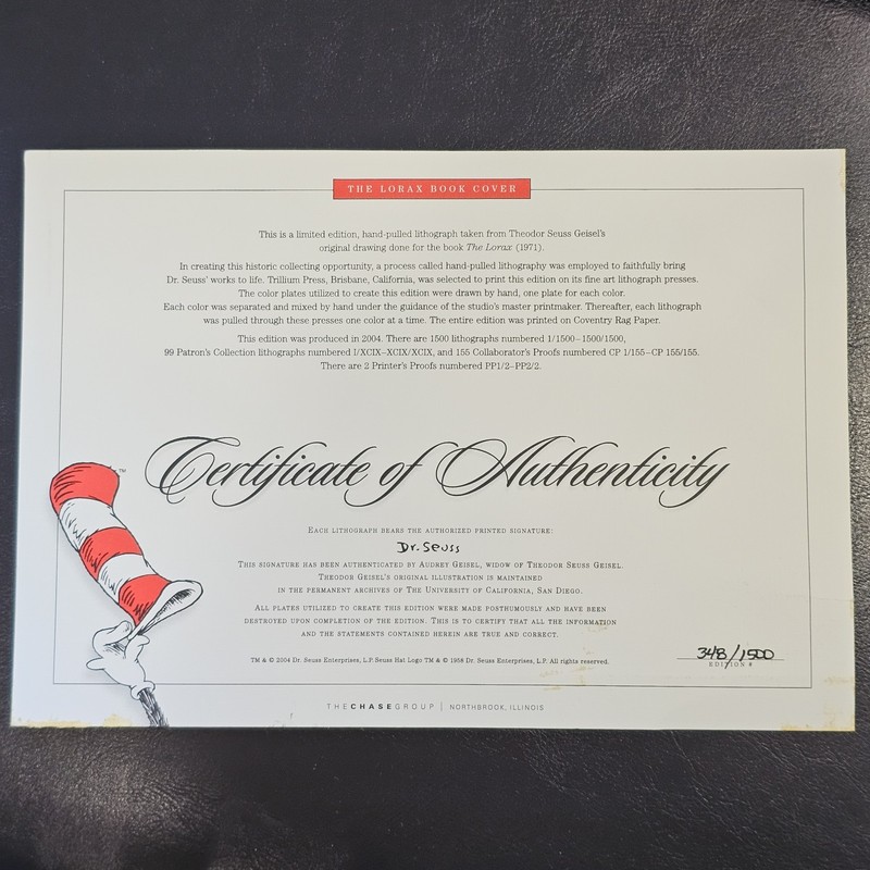 The Lorax Book Cover, Dr Seuss Lithograph on Paper, Framed 27 X 23", With Certif gallery