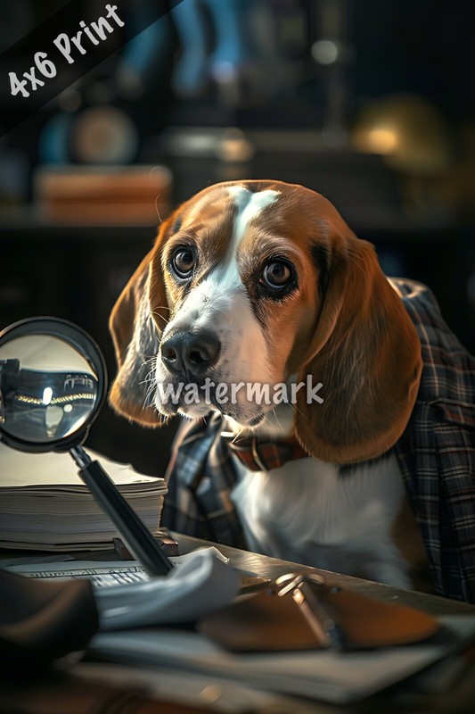 Beagle in a detectives office solving a mystery with a m 4x6 Print