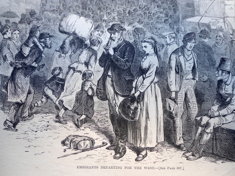 Antique Art print 1871 Emigrants departing for the West Family Travel old art