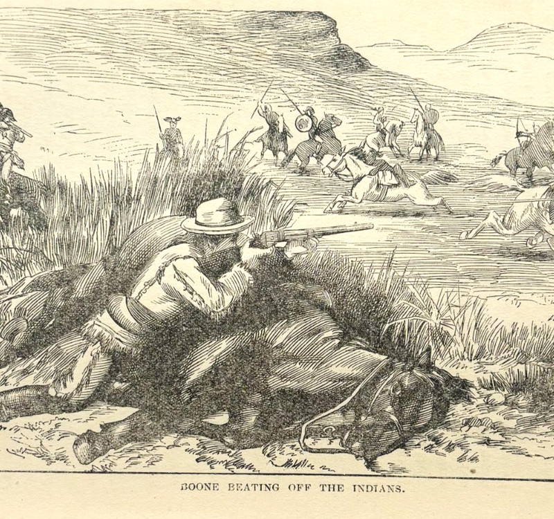 1888 Daniel Boone Fighting Indians Wood Engraving Frontier Victorian A1A