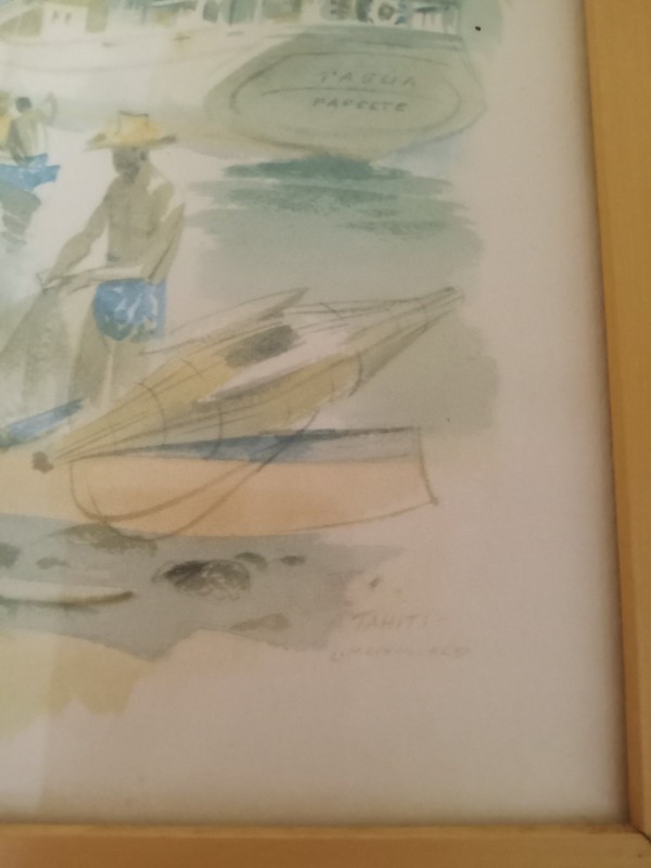 Vintage Tahiti Louis Macouillard Framed Water Color Blonde Wood Frame Tropical gallery