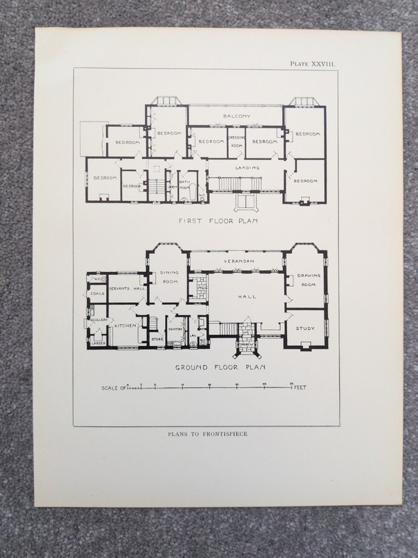 Plan of a Large Detached House to be Built in Surrey – Antique Print – 1910