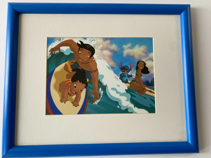 Lilo & Stitch Surfing Framed Matted Wall Art Blue Frame 12×15 Beach Decor