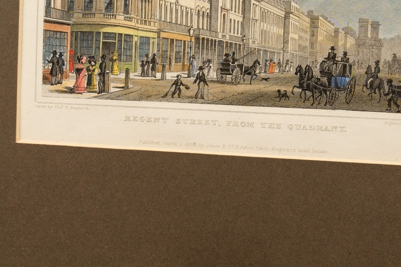 Antique Hand Colored Engraving, Regent Street, London, 1828, Matted gallery