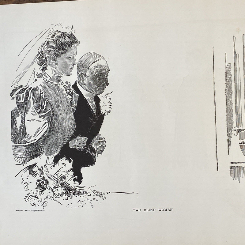 1907 Antique Art Print TWO BLIND WOMEN Charles Dana Gibson Girls Wedding Poverty gallery