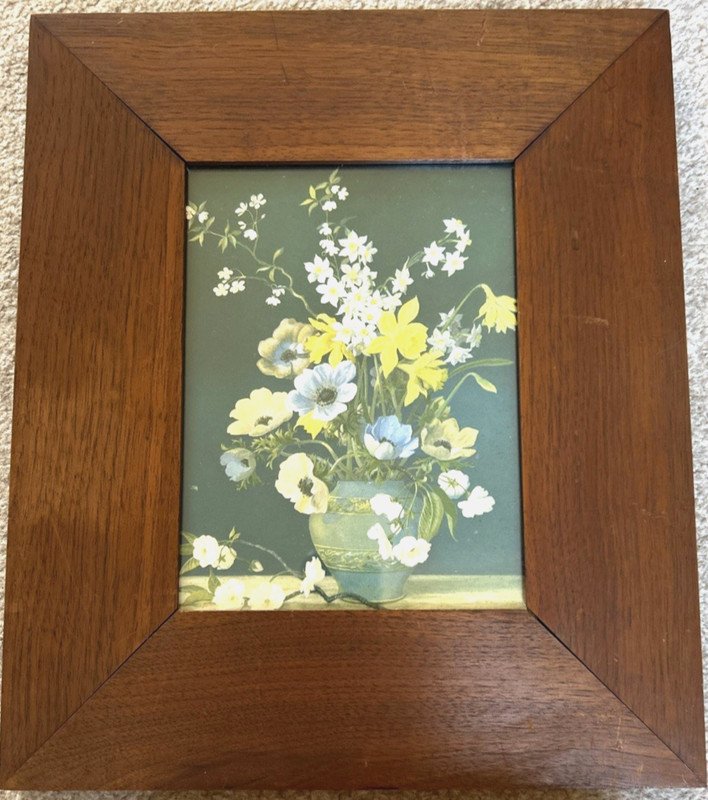Vintage Wood Frame Floral Print Vase Flowers Framed