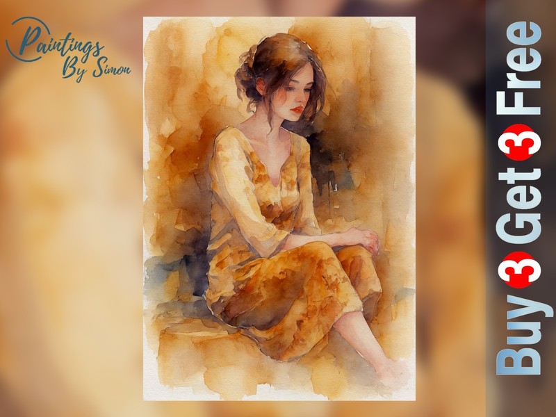 Woman in Gold Dress 5×7 Print on Matte Paper | Watercolour Figure Portrait Art