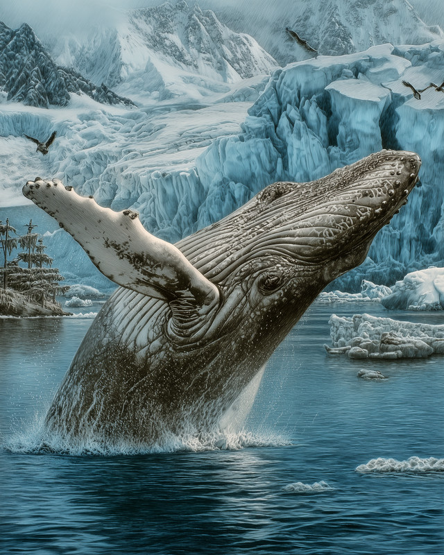 8×10 Humpback whale breaching from icy water glacier fjord realism – 833941217
