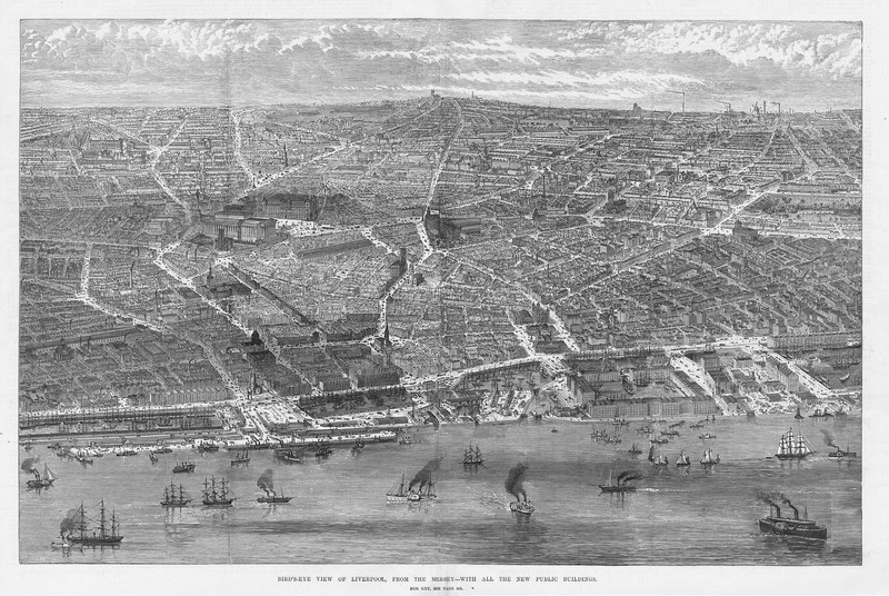 LIVERPOOL Birds Eye View From the Mersey - Antique Print 1886
