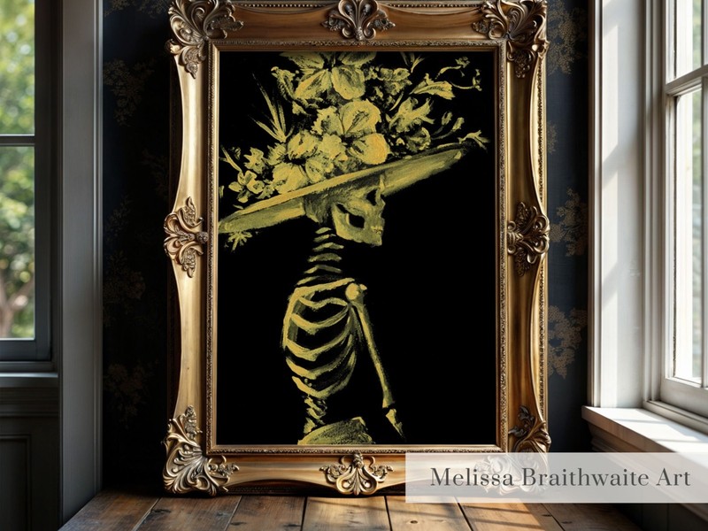 Gold skeleton wall hanging: skeleton wearing a big, floral hat 11×14 Braithwaite