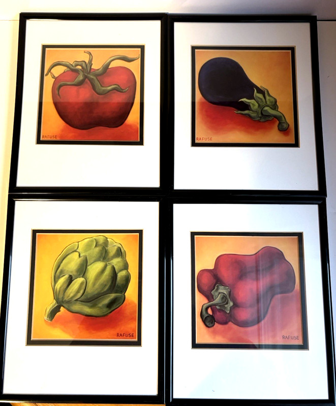 4 Will Rafuse art prints of vegetables, Frame 10 1/2" x 8 1/2", print- 5 1/2"sq