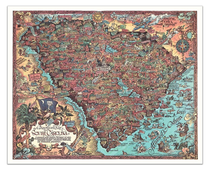 A Caricature Map of South Carolina – 1969 Vintage Pictorial Poster, Art Reprint