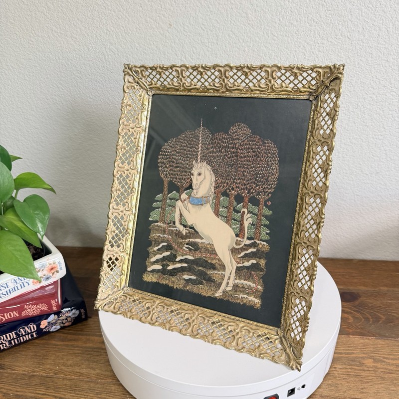Vintage 1980 Cosmic Unicorn ‘Out of Captivity’ Print Metal Framed Gold 11x9"