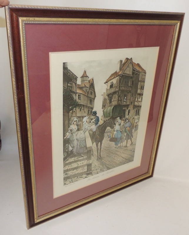 Romantic French Hand Colored Print by Alonso Perez Les ADIEUX Du Postillon Frame