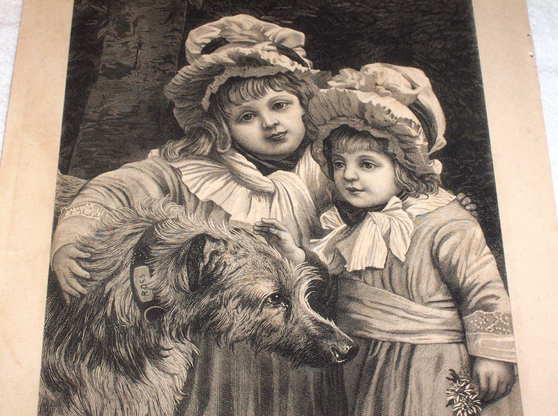 Three Friends ca. 1885 Antique Engraving Young Girls Scottish Deerhound Dog Ross