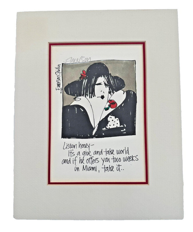 Emerson Quillin «Listen Honey» Signed Lithograph 1980s Vintage Humor Art Matted