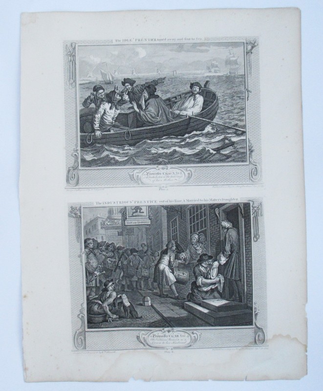 Eleven (of 12) original antique prints by William Hogarth, Industry and Idleness gallery